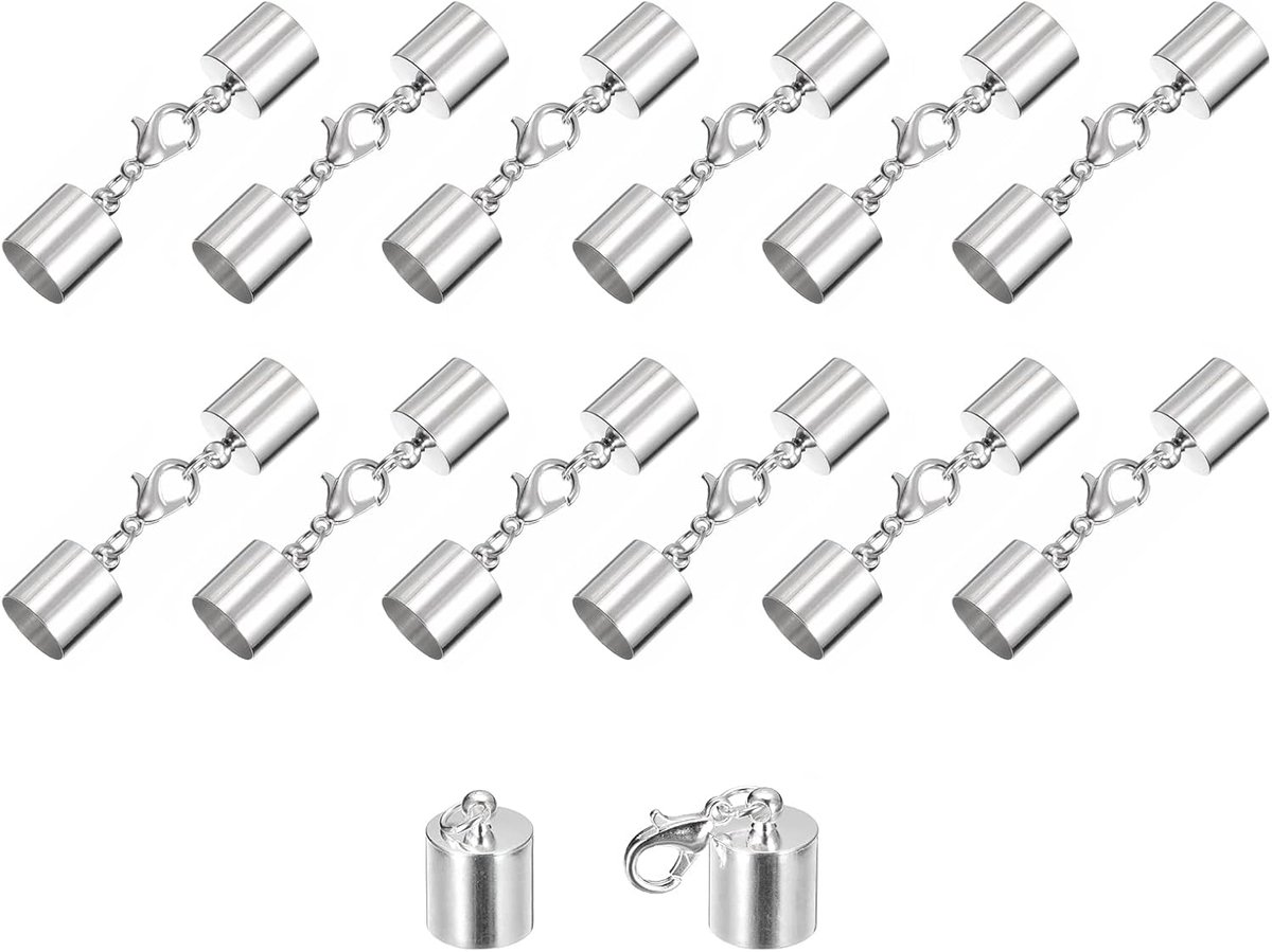 sourcing map 20 Set 10 mm lederen koord eindkappen met kreeftsluiting klemmen cilinder eindstukken voor doe-het-zelvers maken lederen armbanden zilverkleurig