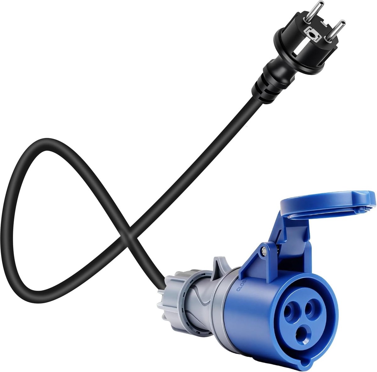 CEE-stekker voor camping, 16 A, Schuko-koppeling, stopcontact, adapterkabel, 250 V, met 150 cm kabellengte, IP44-bescherming met beschermkap, caravanstekker, campingstekker, camper en