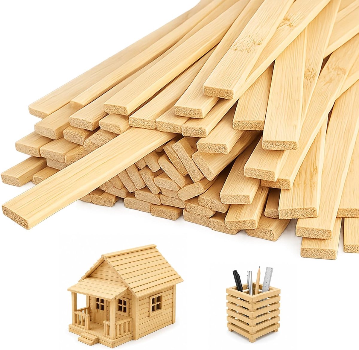 Houten stokken om te knutselen, 9 x 3 mm knutselhout, houten stokjes set van natuurlijk hout, houten latten voor doe-het-zelf doe-het-zelf en knutselen, huisrenovatie, modelbouw