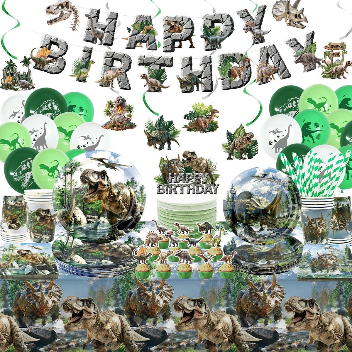 Verjaardagsfeestartikelen Kit voor jongens, dino-verjaardagsdecoraties-20 gasten-inclusief borden, servetten, kopjes, tafelkleed, banner, ballonnen, taarttopper, hangende wervelingen
