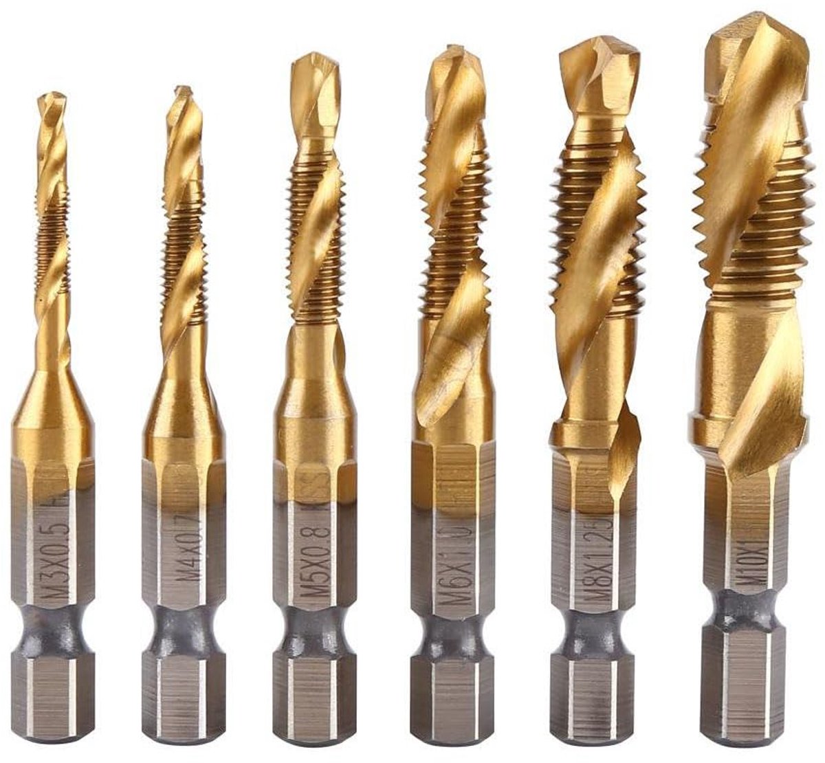 6 stuks HSS timmerboorset van titanium met 1/4 inch zeskantschacht met metrische schroefdraad M3-M10 voor hout, messing, aluminium en kunststof