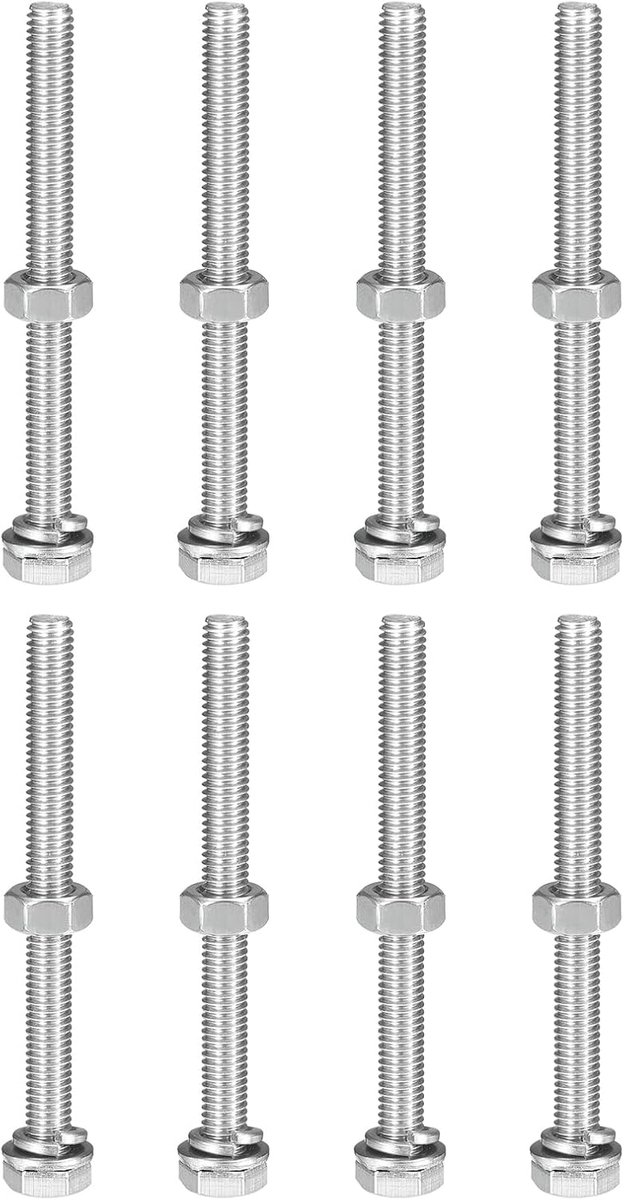 M6 x 70 mm zeskantschroeven, moeren, platte en veilige sluitringen, 304 roestvrij staal, volledige schroefdraad, zeskantschroeven, 8 sets