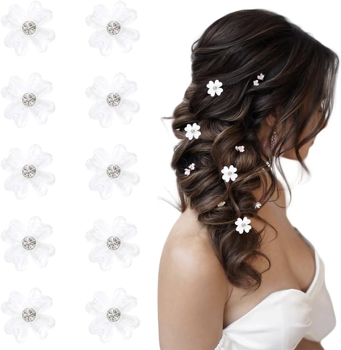 Mini Haarclips 10 stuks - Witte Bloemen met Strass - Uniek Ontwerp - Perfect voor Feestjes - SnelShoppen