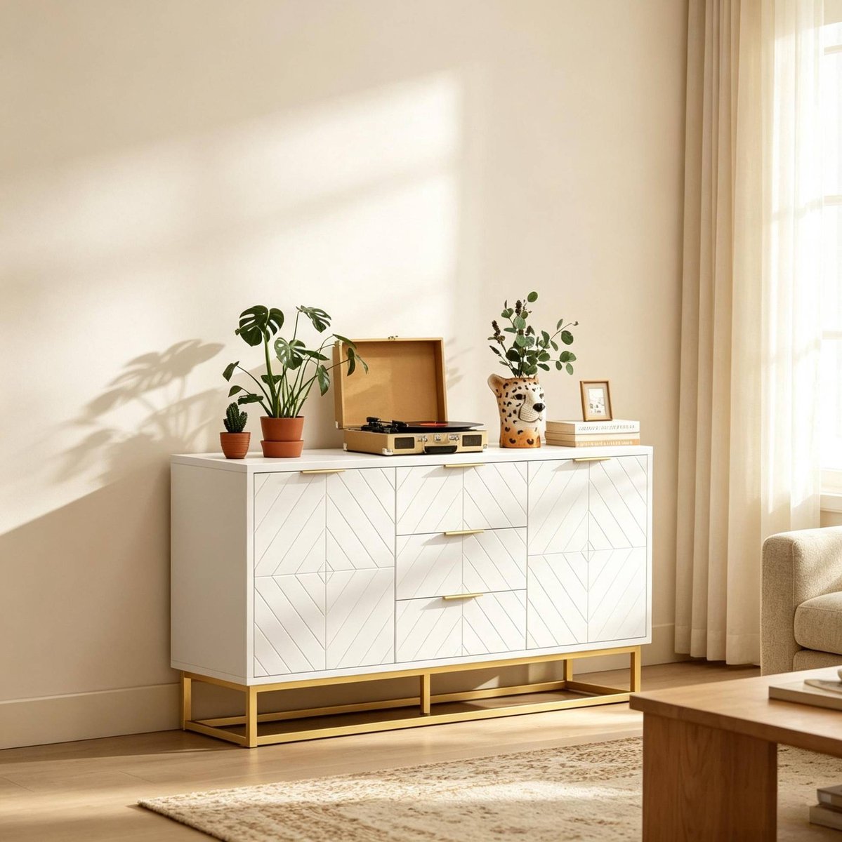 Dressoir – Dressoir Met 3 Lades En 2 Deuren – Verstelbare Planken Voor Woonkamer En Eetkamer – MDF En Metaal – Wit Goud – 120x40x76 Cm
