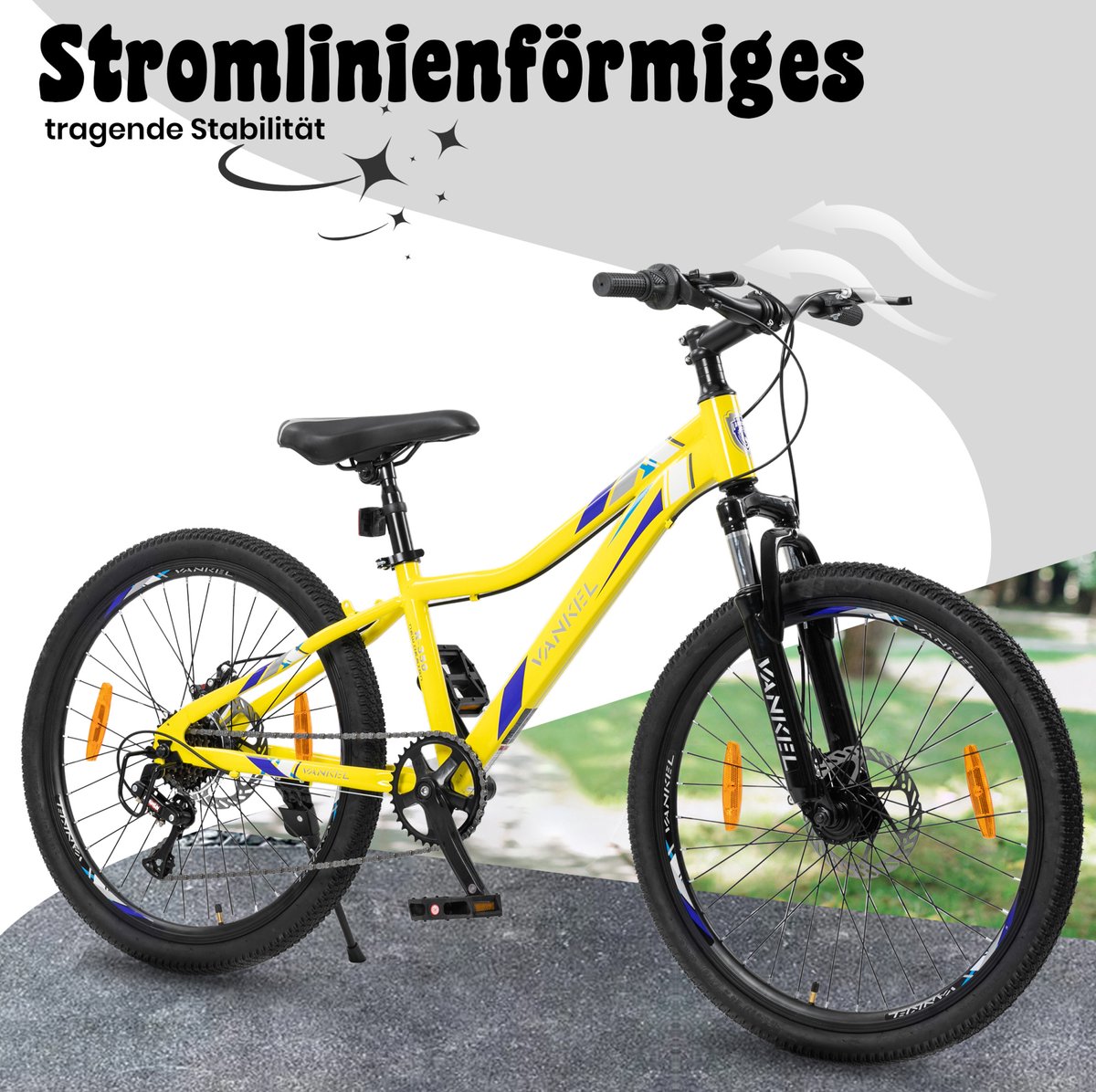FloraGrace Kinderfiets – 24 Inch – 6 Versnellingen – Koolstofstaal – Geel – Voor Jongens En Meisjes – Met Voorvorkvering En Schijfremmen