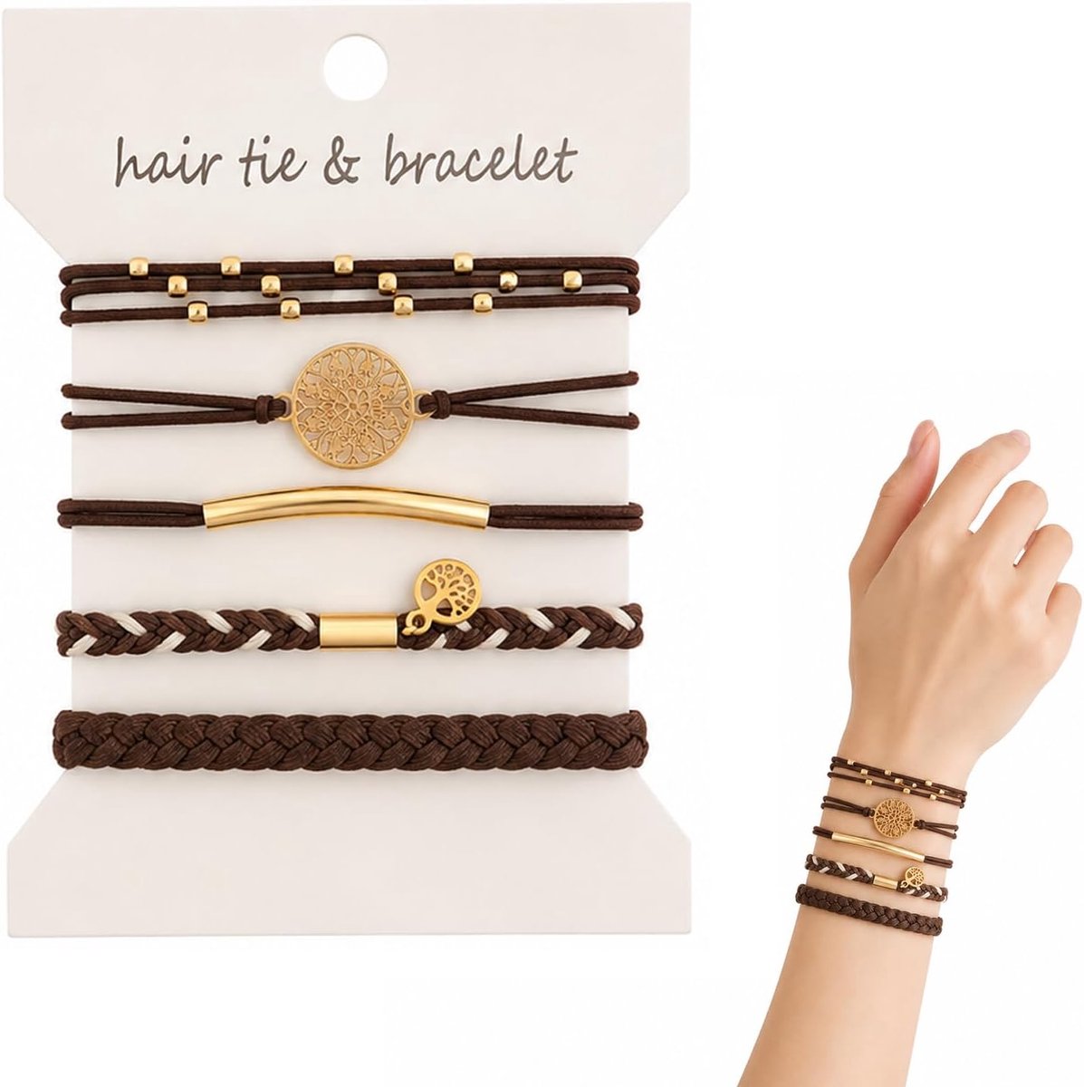 haarelastiekjes dames - bruin en beige - elastisch - ook als armband - SnelShoppen