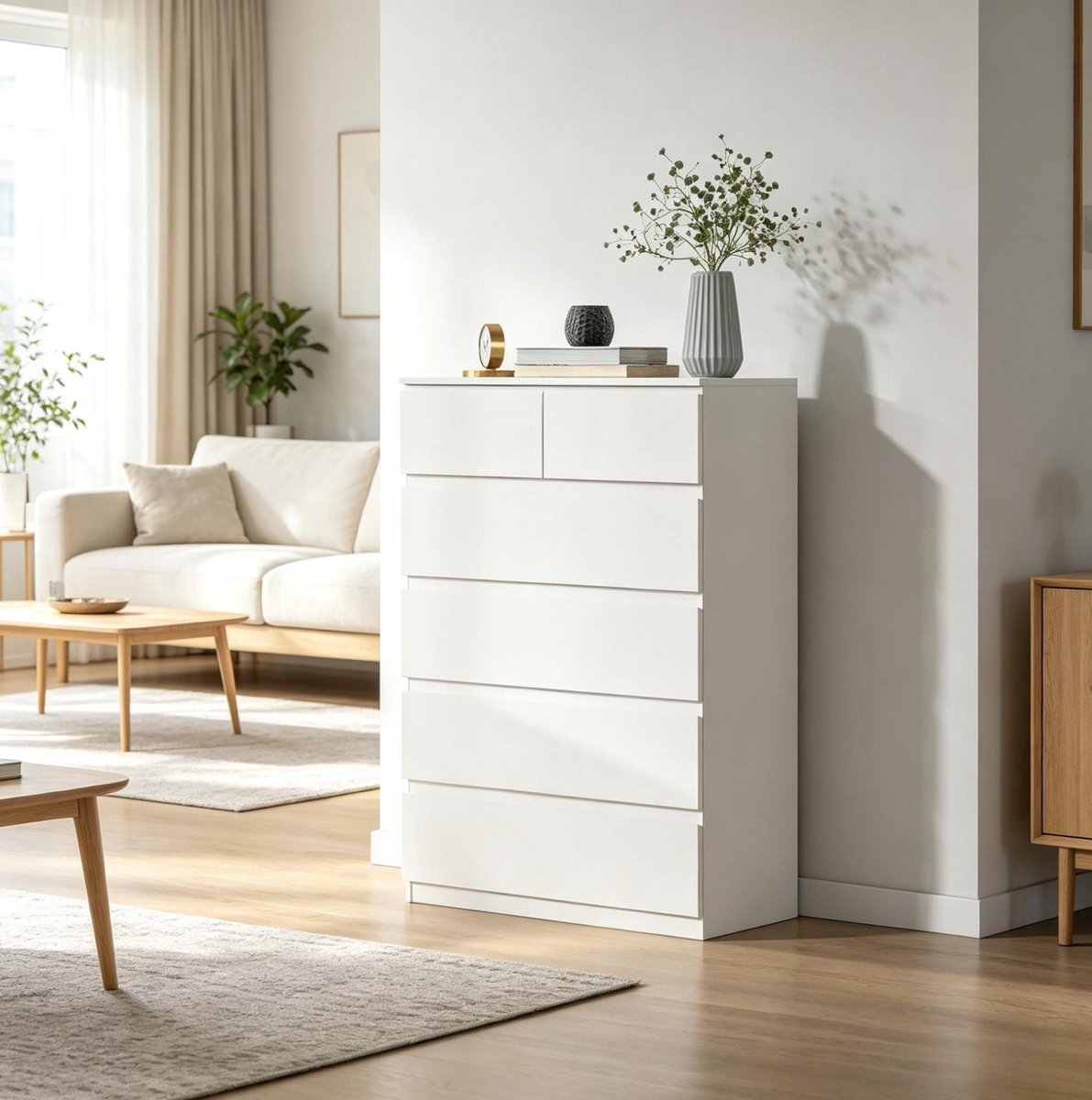 STILVORA Ladekast - Greeploos Met 6 Lades - Minimalistisch Design Voor Woonkamer En Slaapkamer - Spaanplaat - Wit - 80x39x115 Cm