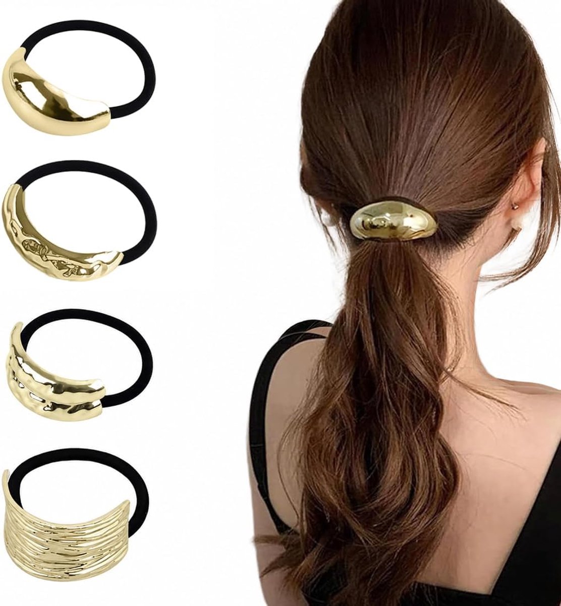 Ponytail haarbanden 4 stuks - gouden metalen manchetten - elastische haaraccessoires - trendy ponytail stijl - SnelShoppen