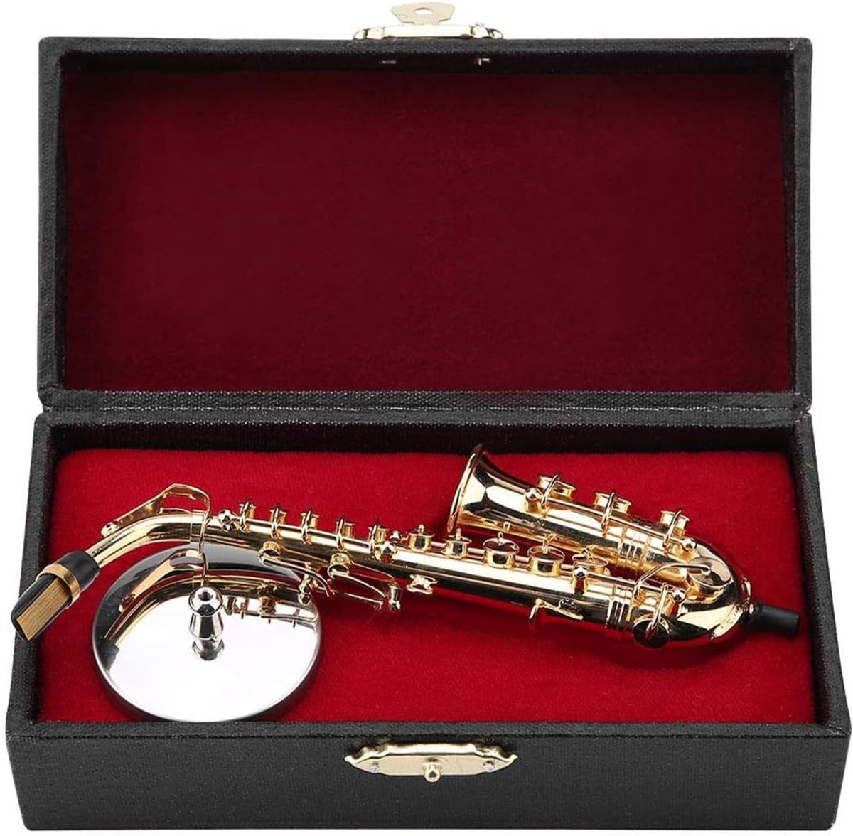 Miniatuur Alto Saxofoon Decoratief Model - Messing Goud Geplateerd - Verzamelobject met Stand en Koffer - SnelShoppen