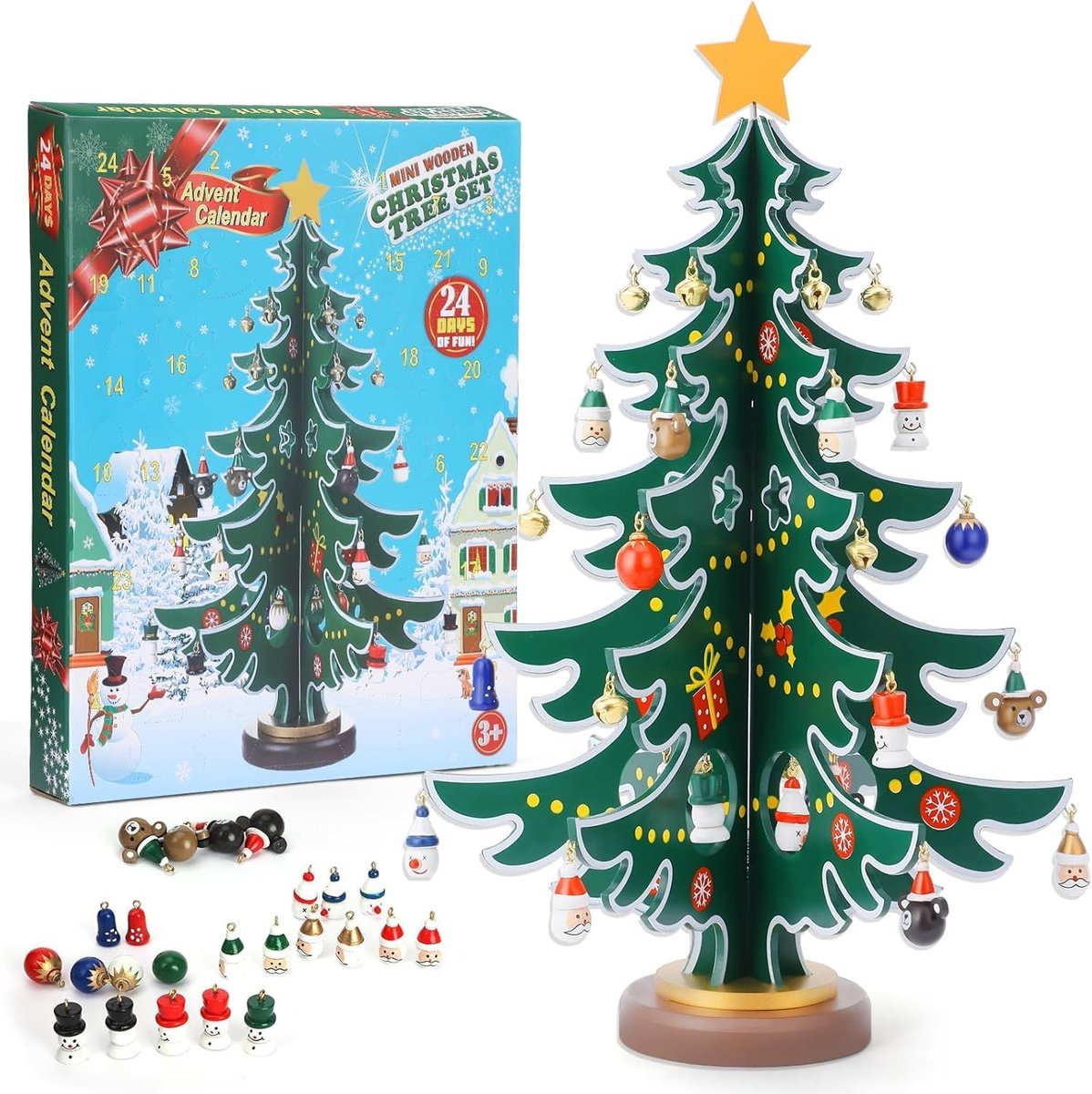 Adventskalender Kerst 2025 - Houten kerstboom met 36 versieringen - 24 dagen aftellen naar Kerst - SnelShoppen