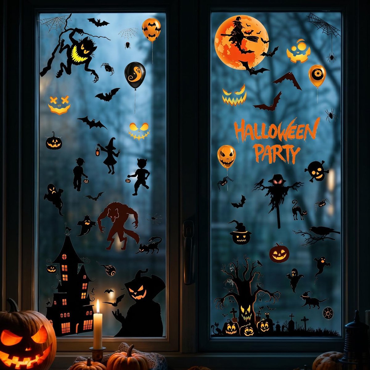 Halloween raamstickers 9 vellen - herbruikbare raamfolie - Wolf Geest Spin Pompoen decoraties - SnelShoppen