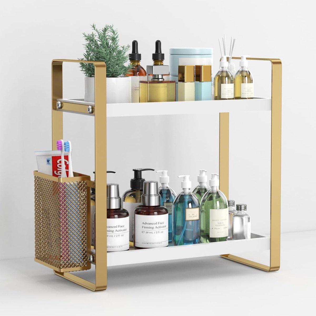 Badkamer opbergorganizer met mand - Houten - Unieke zijmand - Ruimtebesparend en praktisch - ShopVlot