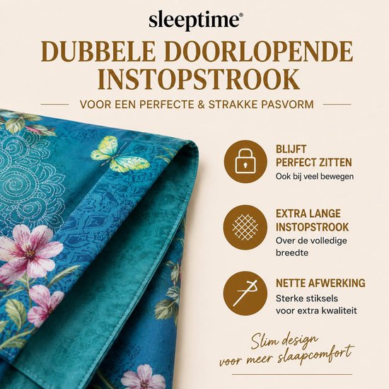 Close-up van een blauwgroen dekbedovertrek met bloemen- en vlinderprint. Dubbele doorlopende instopstrook, nette afwerking met sterke stiksels.