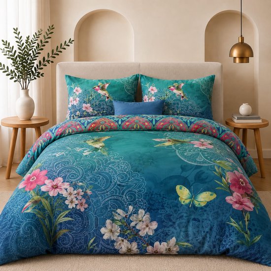 Opgebed met blauw dekbedovertrek met bloemenprint, roze bloemen, witte bloemen, kolibries en vlinders.
