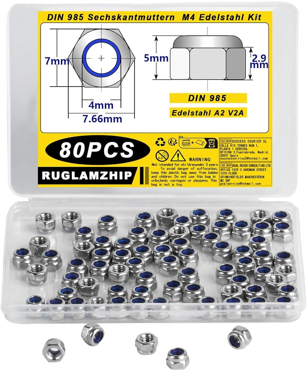 M4 moeren set van 80 - zelfborgend, RVS A2 - met nylon inzet - perfecte grip voor bevestigingen - ShopVlot