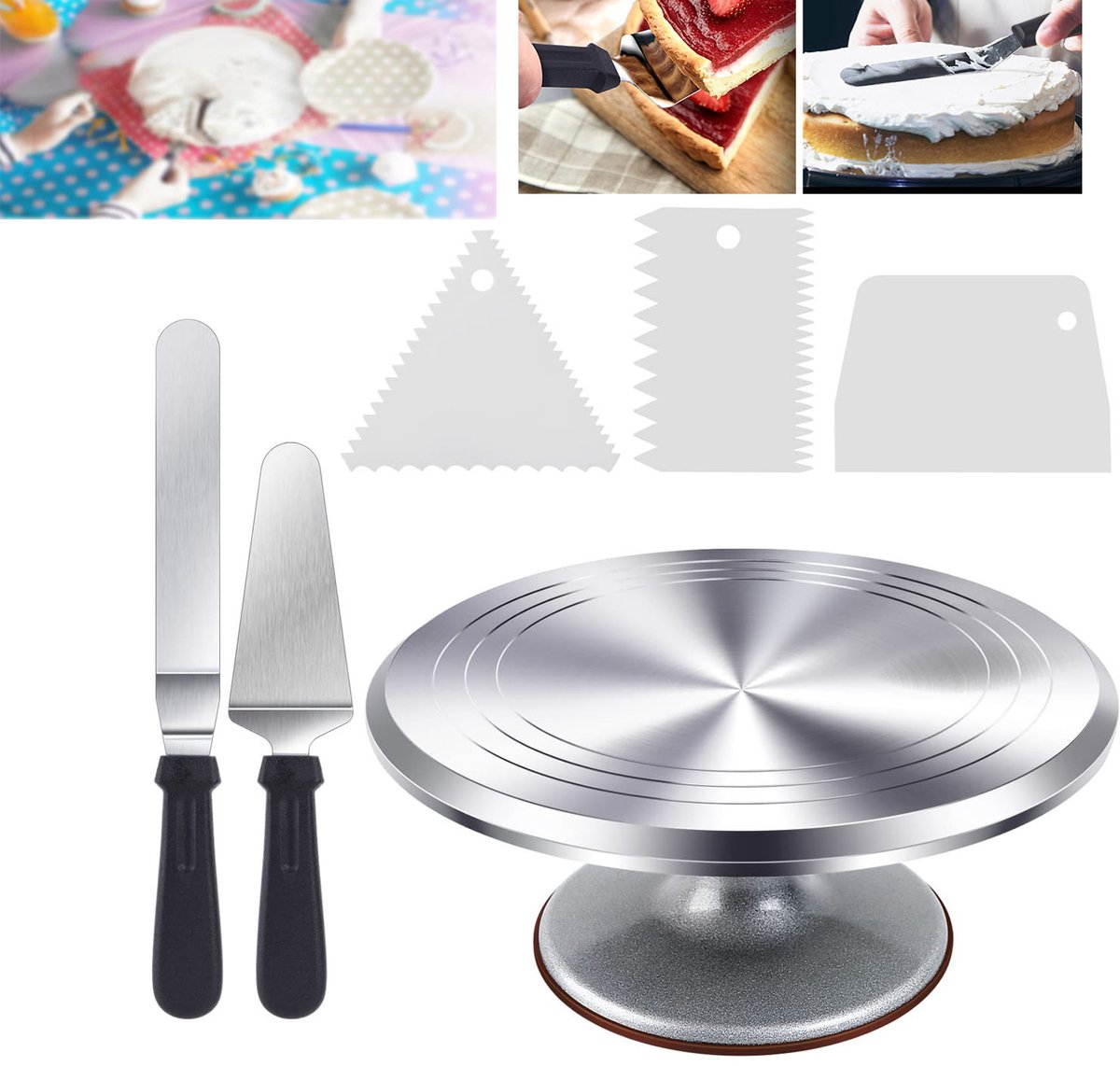 Merkloos Draaibare Tartplateau 30cm met Spatelsets - Aluminium