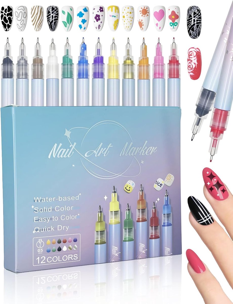 Nagellakpennen set 12 kleuren - waterbestendig - 0,5 mm punt - ideaal voor nagelkunst - ShopVlot