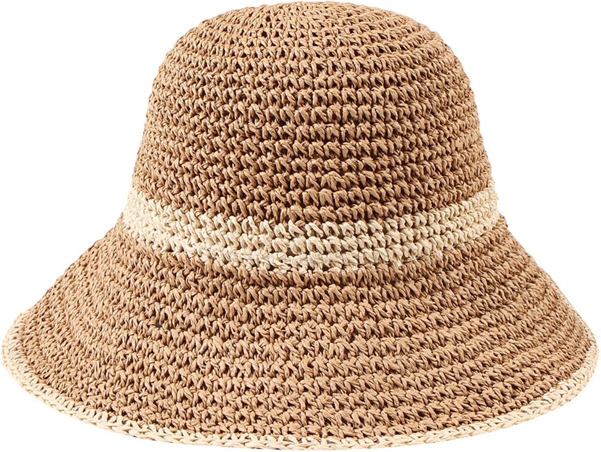 Hoed - Zonnehoed voor Vrouwen - Opvouwbare Strohoed met Brede Rand - Reisbaar Zomer Fedora Hoed - voor Strand en Vakantie - Bruin