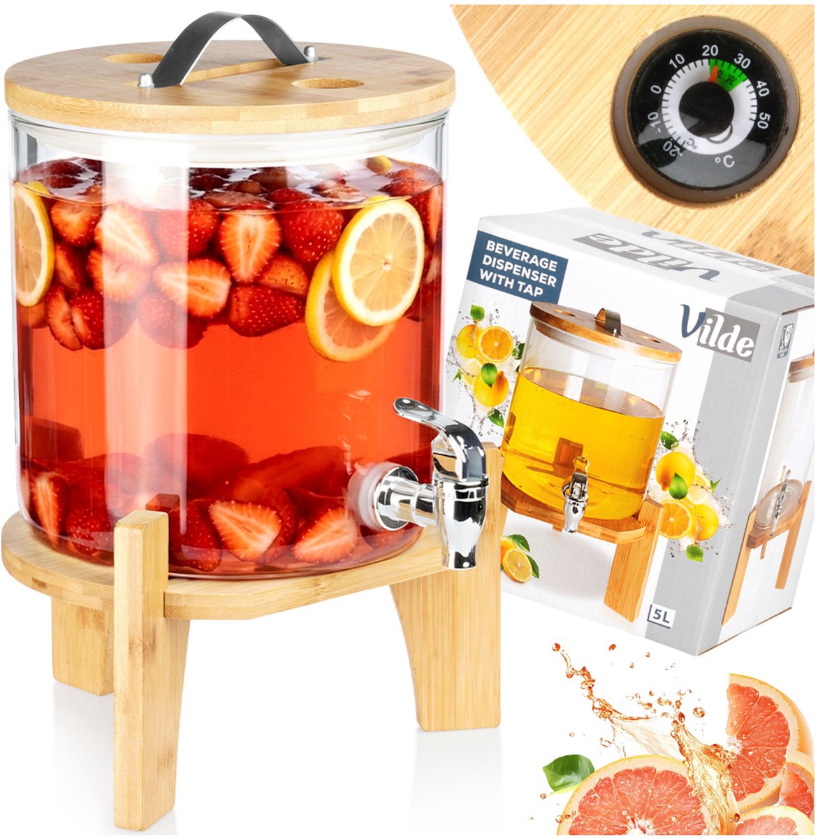 Merkloos Glazen Drankdispenser 5L met Kraan en Bamboe Standaard