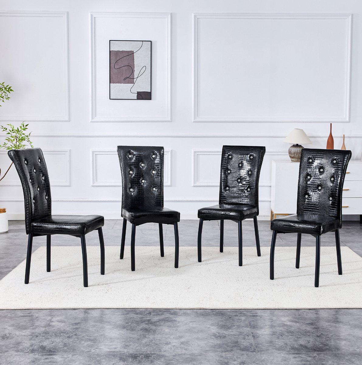 STILVORA Eetkamerstoel Set Van 4 - Vintage Krokodillenprint Met Geknopen Rugleuning En Zachte Zitting - Voor Eetkamer En Keuken - Kunstleer - Zwart