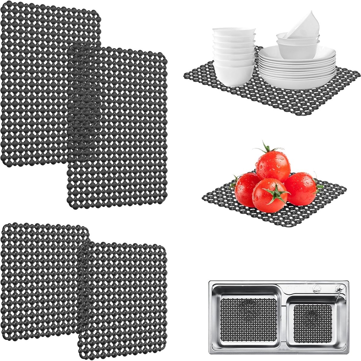 Gootsteenmat 4 stuks - snijbare pvc - 39,9 x 30 cm en 27,9 x 27,9 cm - beschermt tegen krassen en snelle afwatering - ShopVlot