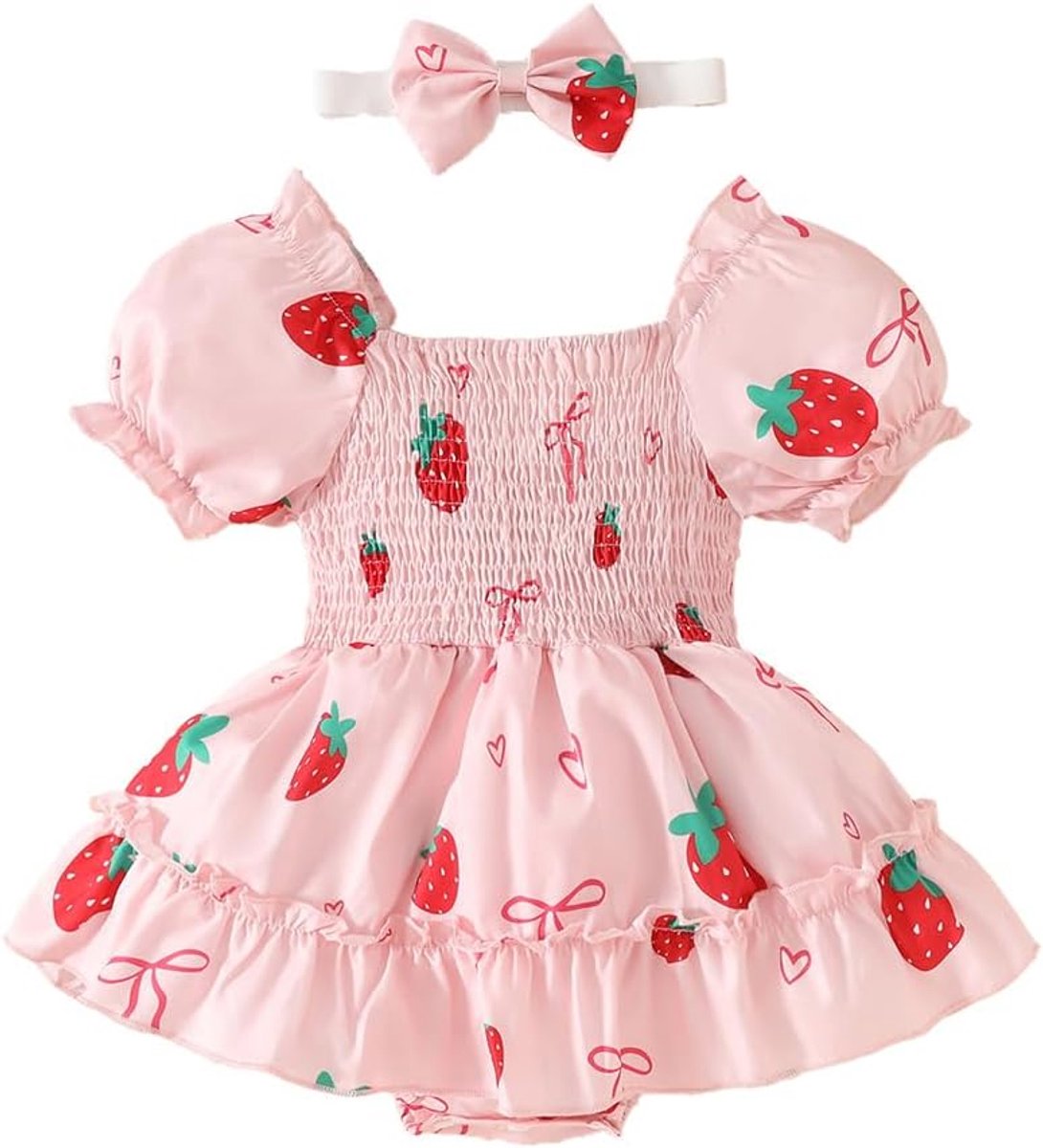 Zomerjurk newborn korte mouw - aardbeien en beren print - 2-delig setje - schattig voor warme dagen - SnelShoppen