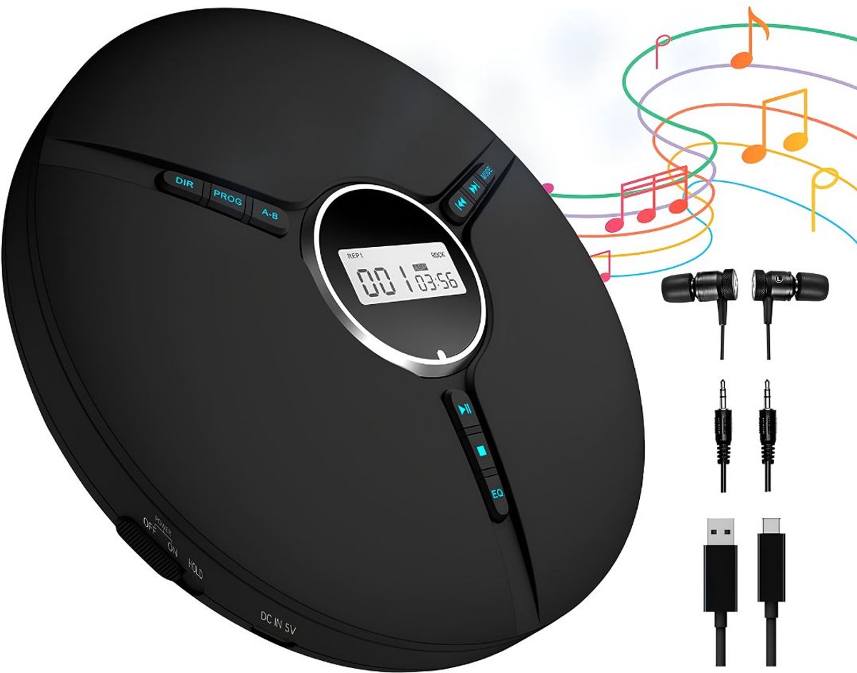 NIVA® CD Speler Draagbare - Draagbare CD Speler met Bluetooth – Compacte CD Speler voor Thuis en Onderweg - Zwart - 14cm x 14cm x 3cm