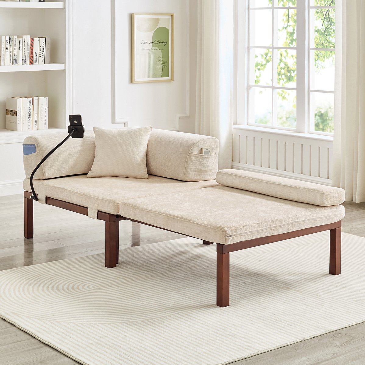 COVREO Slaapbank 176 x 81 x 64 cm beige, hout en velvet, uitklapbaar bed