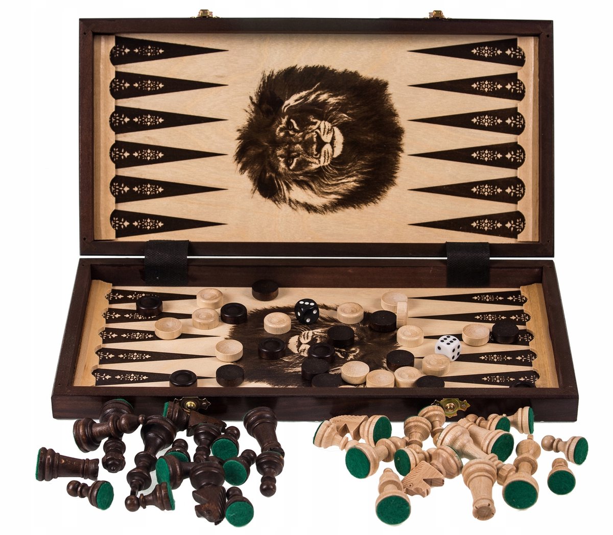 LION 3-in-1 Houten Schaken, Dammen & Backgammon Set - 41x41 cm