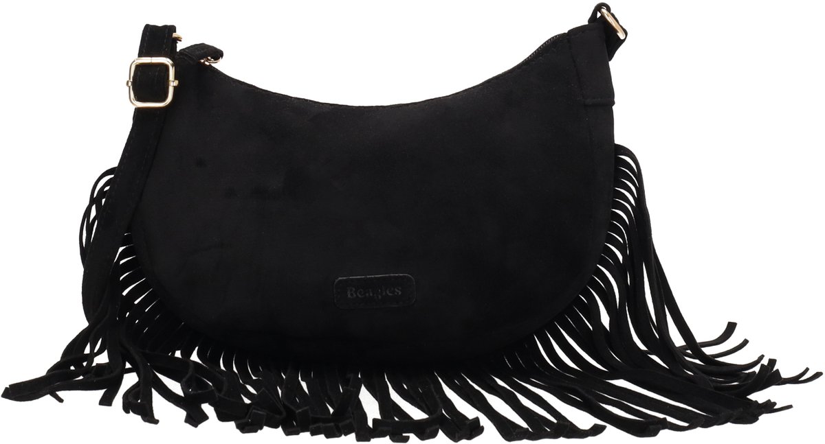 Beagles Chino Crossbodytas - Faux Suède - Schoudertas - Damestas - Franjes - Bohemian - Verstelbare Schouderband - Zwart