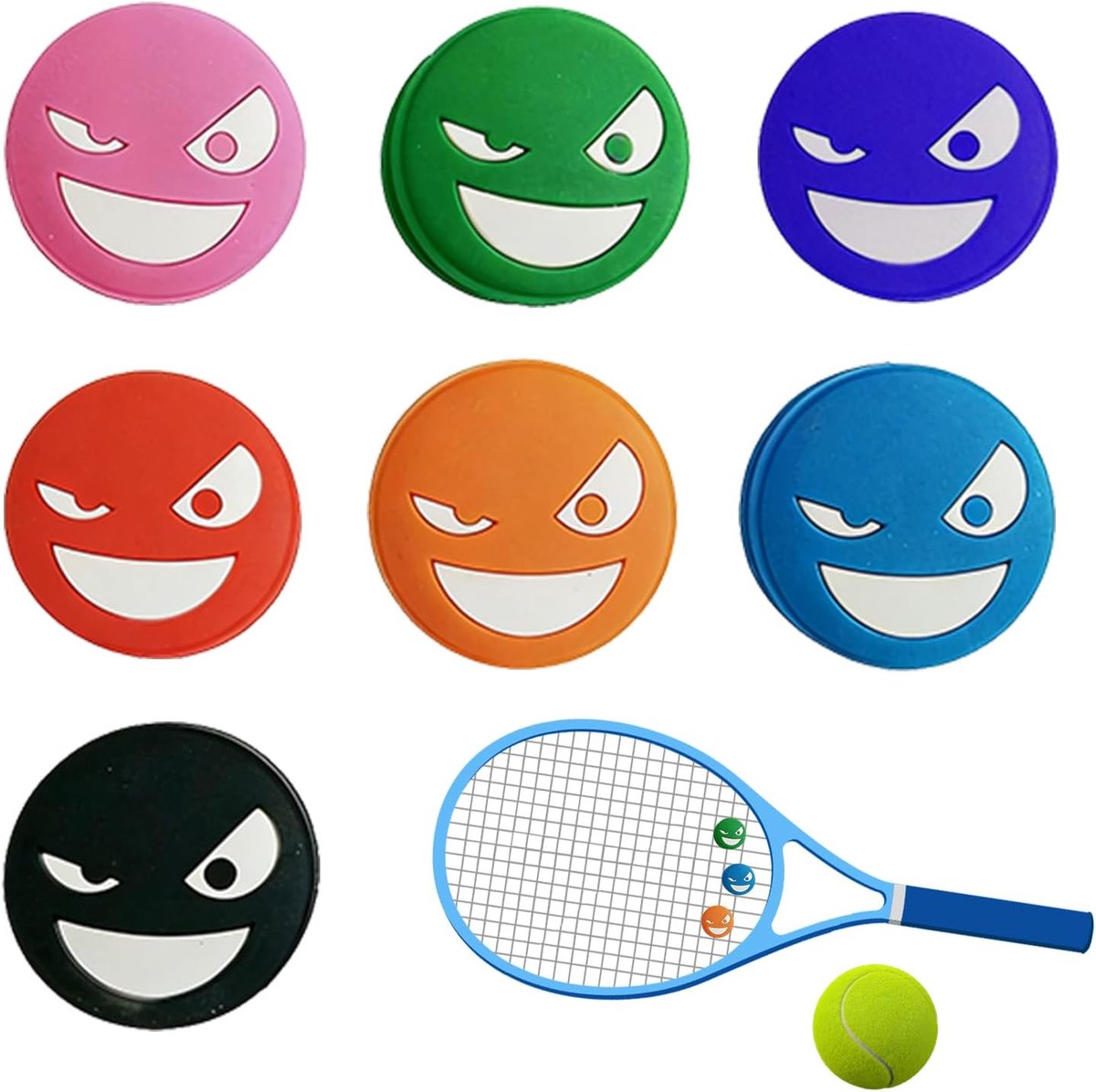 Tennisdempers 7 stuks - Grappige smiley ontwerpen - Unieke kleuren - Vermindert trillingen - ShopVlot