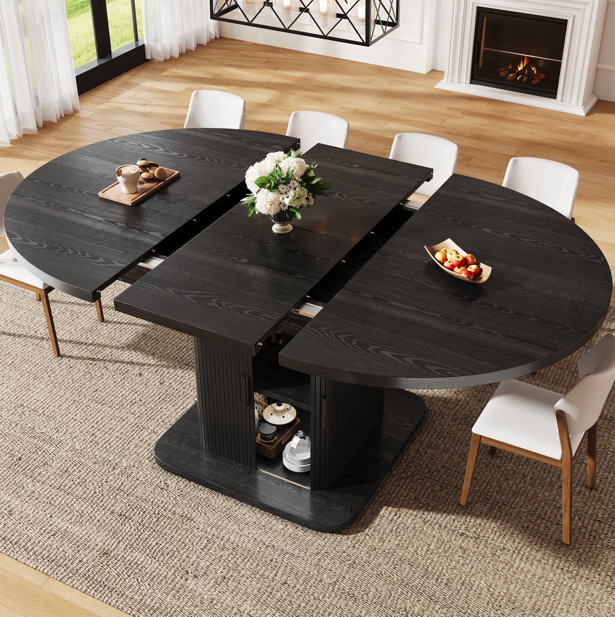 Uitschuifbare Ovale Eettafel Met Opbergruimte En Schuifdeuren - Modern Design Voor De Eetkamer - MDF En Metaal - Zwart - 110 Tot 149,8 Cm