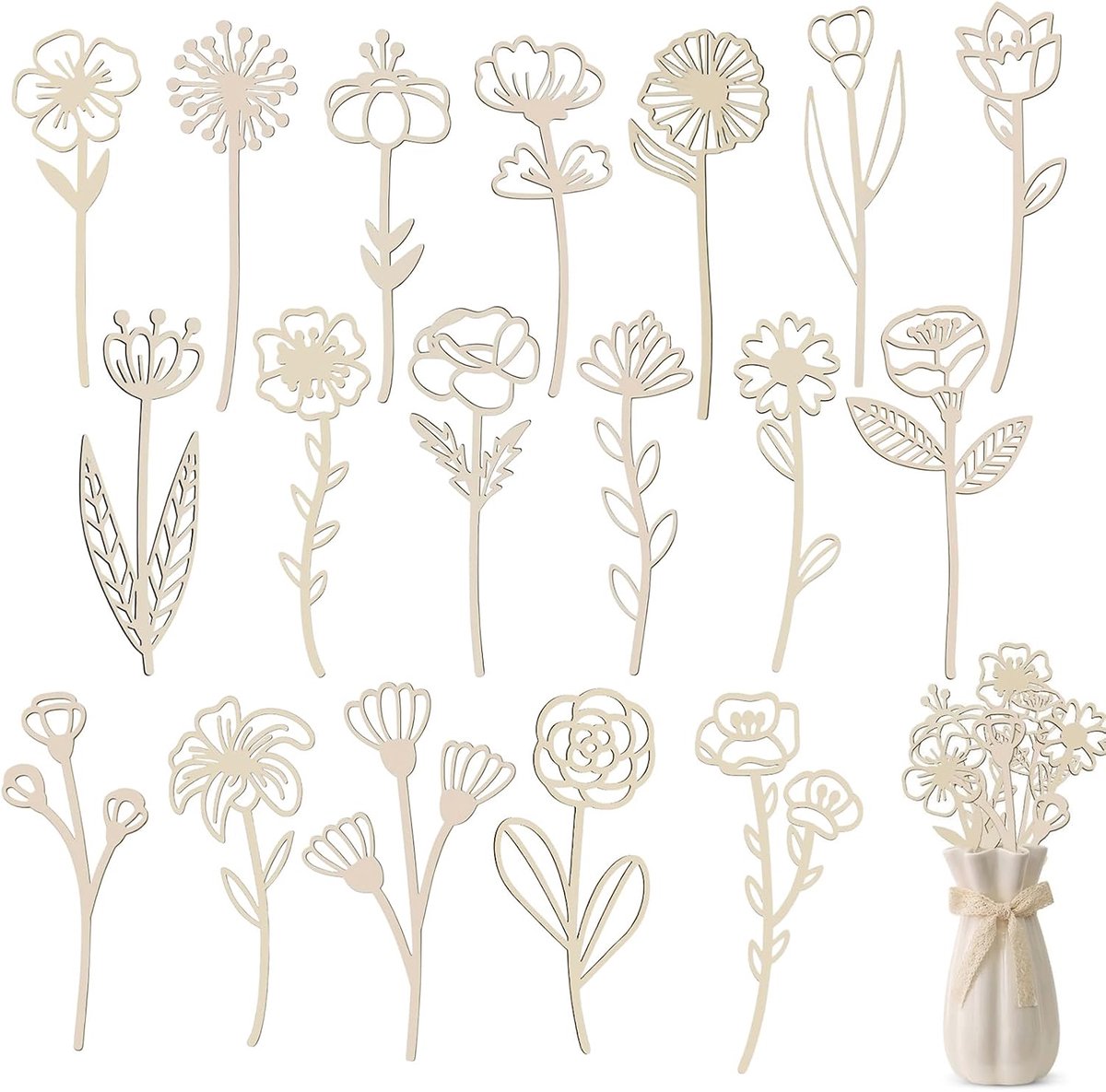Houten bloemen set 18 stuks - natuurlijke houten bloemen - Scandinavische boho decoratie - stijlvolle tafelversiering - ShopVlot
