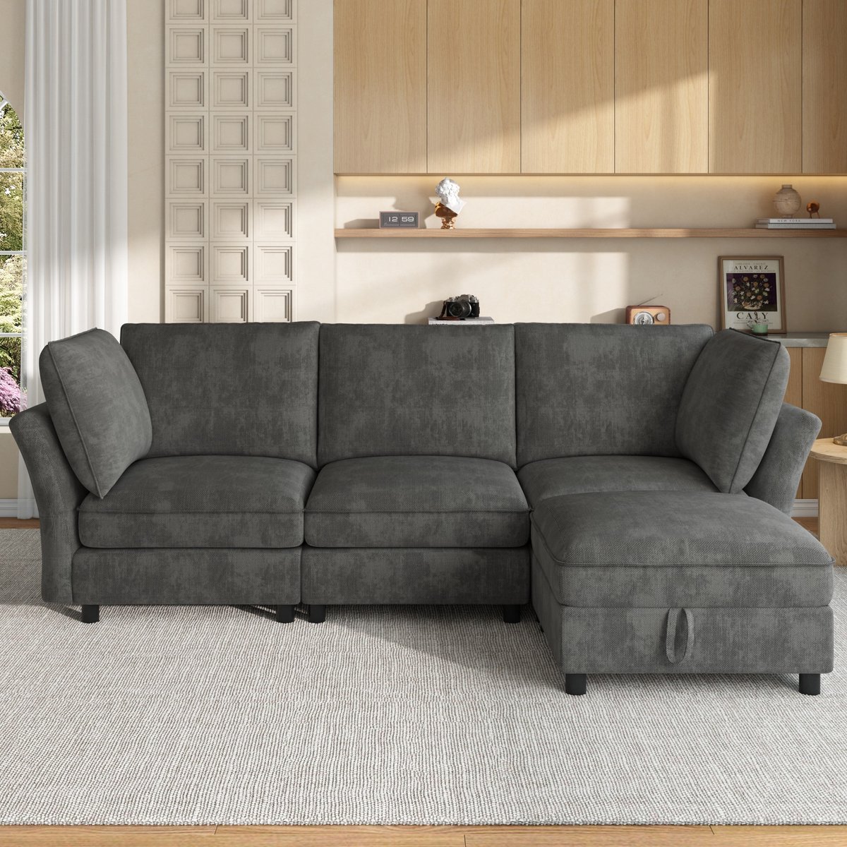 Woonkamer Hoekbank, L-Bank, Modulaire Bank, Vrij Combineerbare L‑Vormige Hoekbank, Met Opbergpoef, Comfortabele Zitervaring In Wolkstijl, Zacht Gestoffeerd Met Chenillestof, 2 Armleuningkussens, 4 Zitplaatsen, Voor Woonkamer En Slaapkamer-Grijs