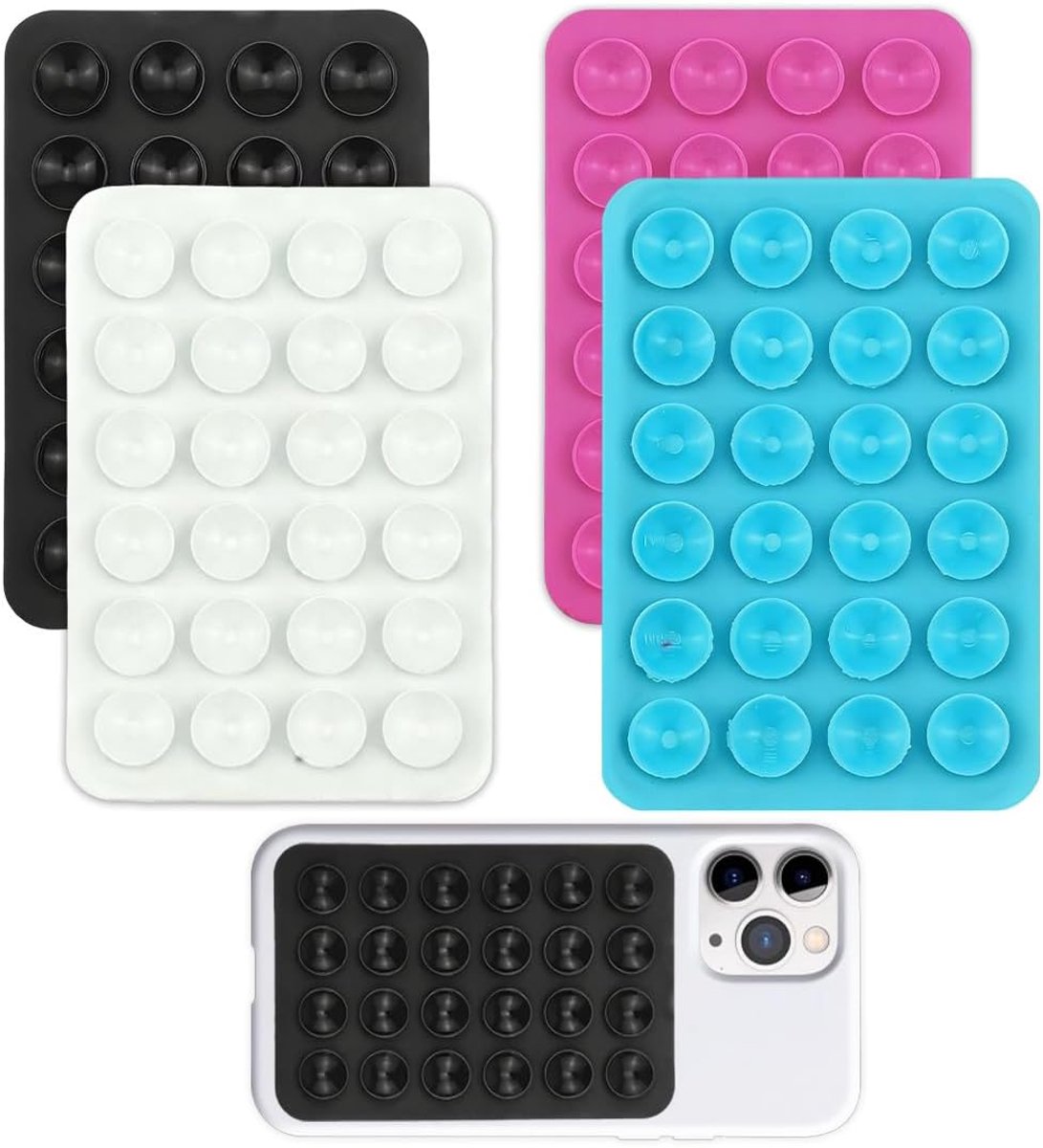 Mobiele zuignap 4 stuks - zwart, wit, roze en blauw - zelfklevend - veilig vastkleven voor selfies - ShopVlot