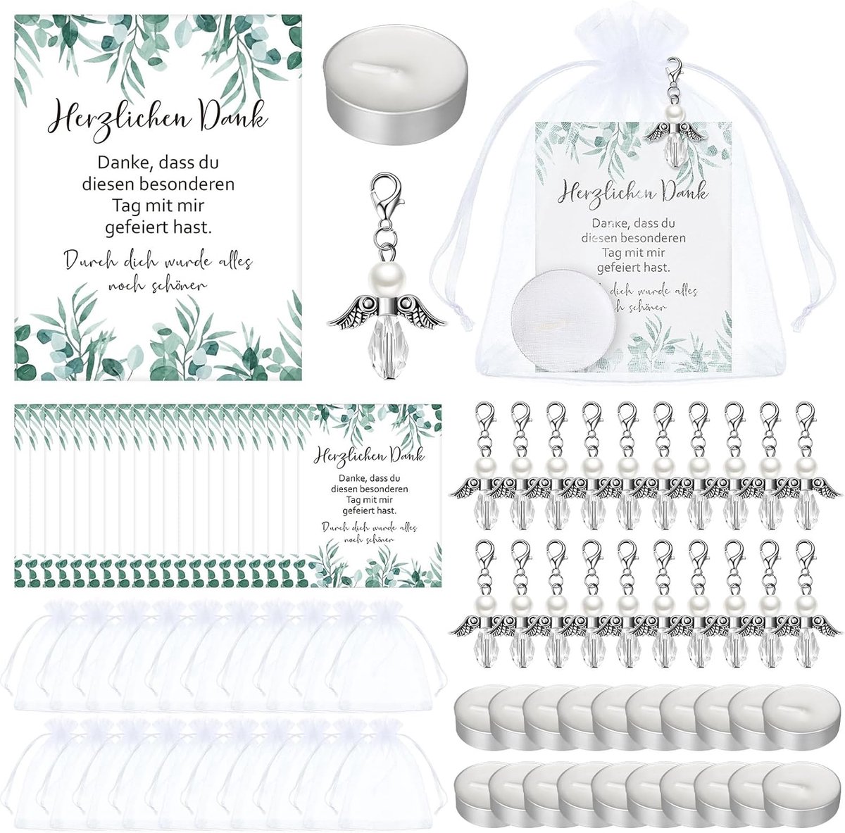 Communion gasten geschenken set - 20 sets engel bedels - met kaarsen en bedankkaarten - ideaal voor communie en doop - ShopVlot