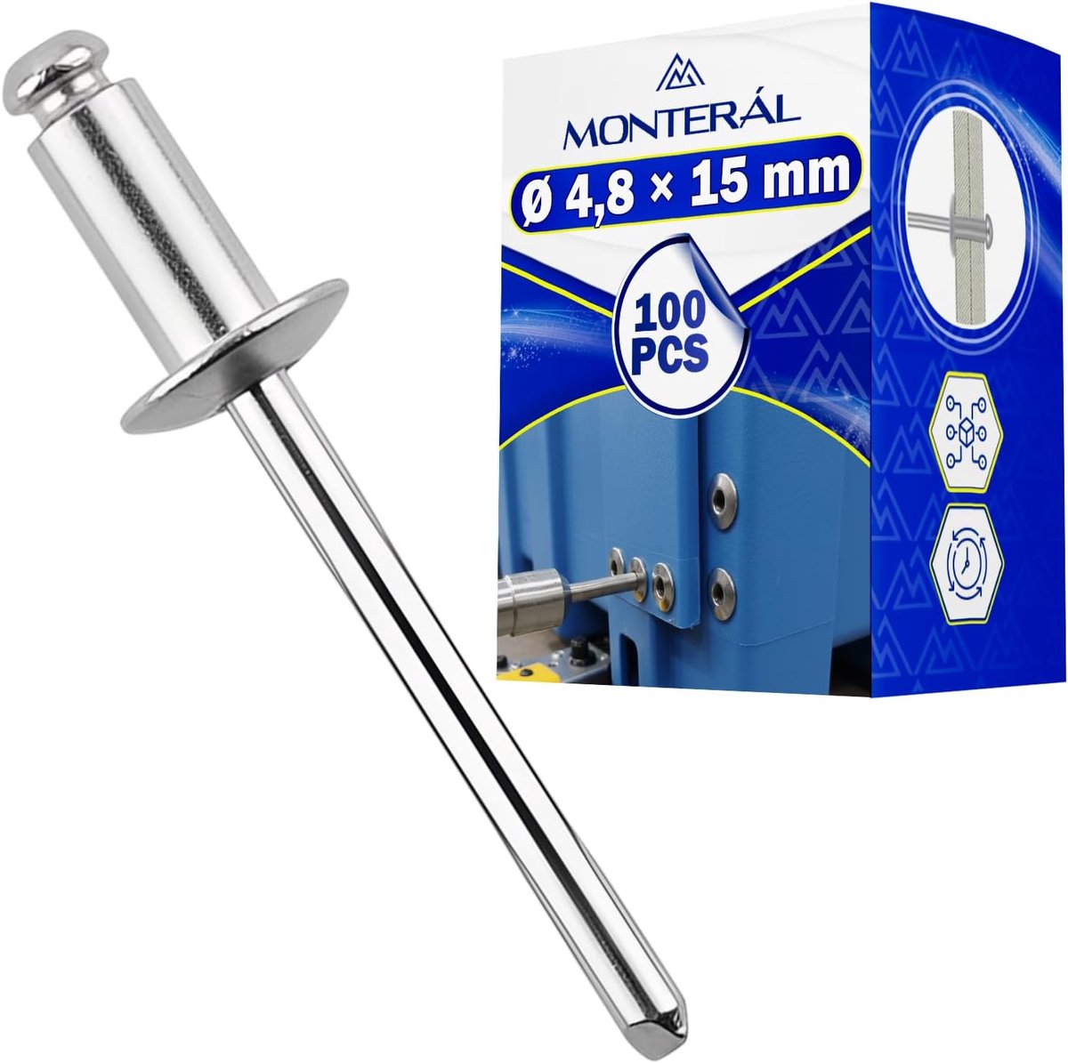 Klinknagels set van 100 - diameter 4.8 x 15 mm - aluminium en staal - voor stevige verbindingen - ShopVlot