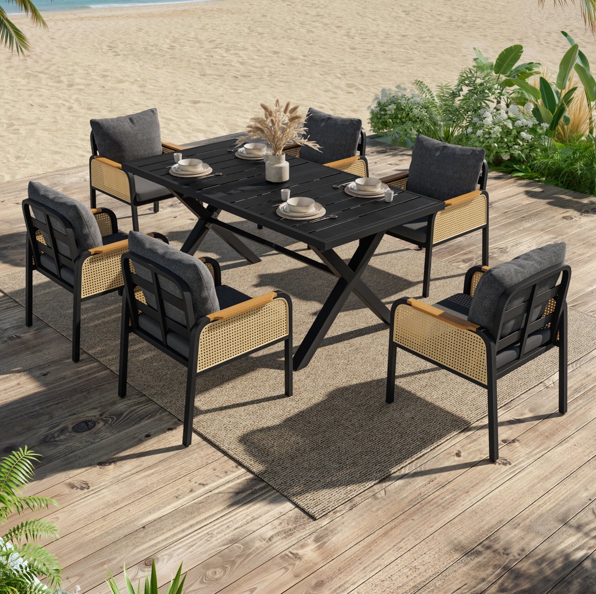 FloraGrace Tuinset - 6-Zits Eettafelset Met Kussens En Gevlochten Armleuningen - Voor Terras En Balkon - Zwart Naturel - 148x80x75 Cm