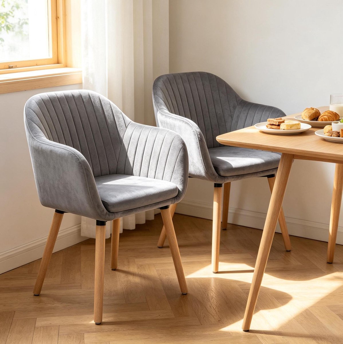 OKWISH Eetkamerstoel 81 Cm - Kuipstoel Met Armleuningen - Set Van 2 Voor Eetkamer, Woonkamer Of Ontvangstruimte - Velvet En Hout - Donkergrijs