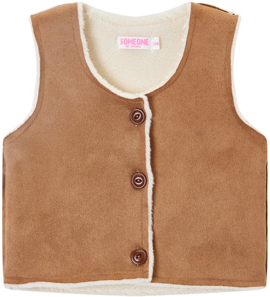 Een bruin vest met crème fleece voering en knopen aan de voorkant.