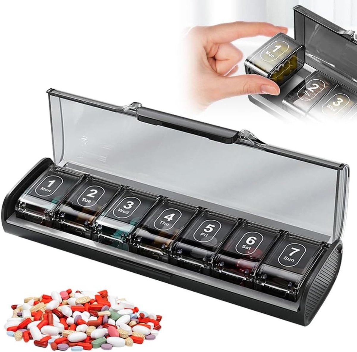 Tablettenbox voor 7 dagen, pillen-organizer met aparte vakken, draagbare medicijnopslag voor supplementen en medicijnen, grote vakken voor eenvoudig gebruik