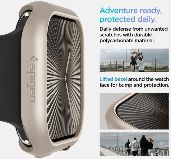 Beige Apple Watch bumpercase met verhoogde rand om het scherm te beschermen.