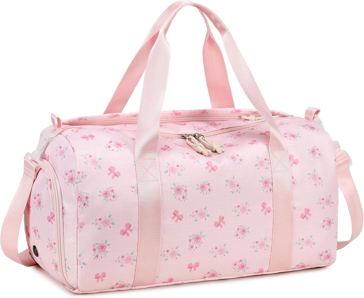 Kindersporttas voor zwemmen met schoen- en natvak, ideaal voor tieners en kleine reizen, sportieve tas met roze bloemen