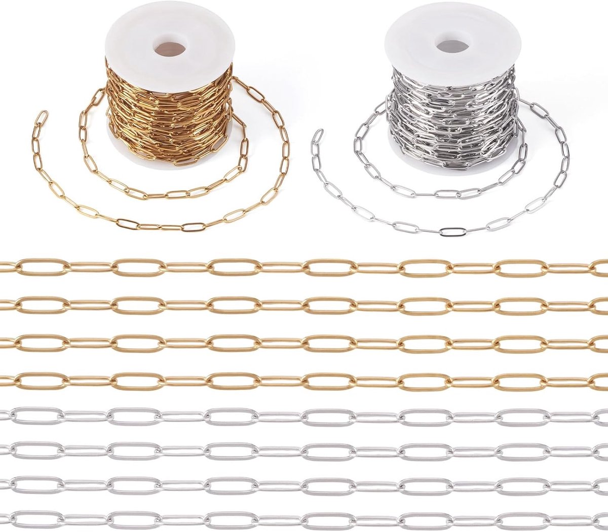 10M Paperclip Kettingen in Goud en Zilver, RVS Schakelketting voor DIY Sieraden en Hanger Projecten