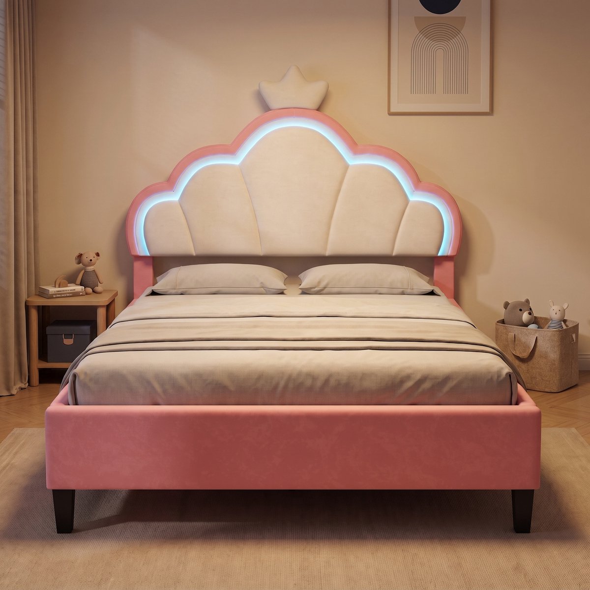 Gestoffeerd Kinderbed 140x200 cm - Tweepersoonsbed met LED-verlichting en verstelbaar hoofdbord - fluwelen bed - Roze en wit