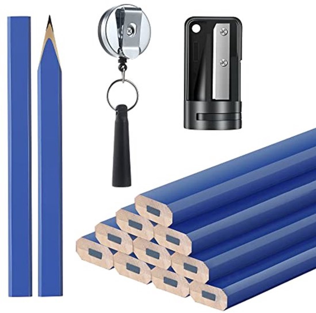 12 stuks 7 inch timmerman markering potloden met puntenslijper en siliconen zware intrekbare penhouder voor houtbewerking markering gereedschap (blauw)
