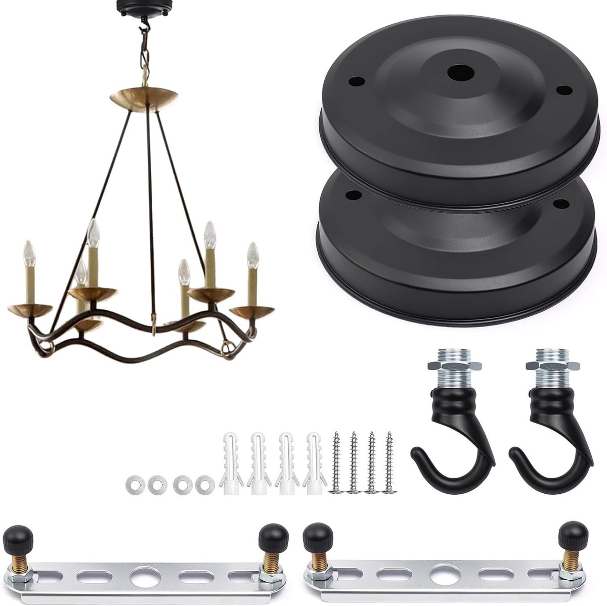 Plafondrozetten zwart Ø 110 mm - ronde lampbaldakijn met haken voor plafond- en wandmontage, ideaal voor hanglampen, vogelkooien en creatieve decoratieprojecten