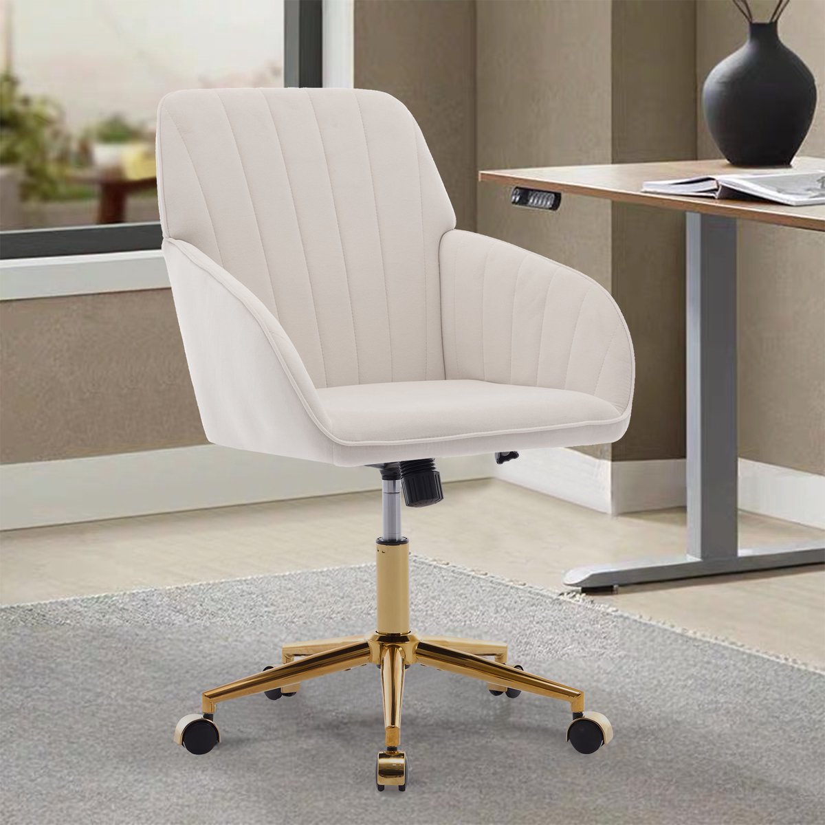 MODENUIT Bureaustoel 62 x 60 x 96,5 cm - 360° Draaibaar - Voor Kantoor en Slaapkamer - Fluweel Wit
