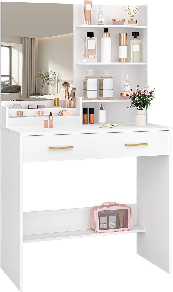 Hzuaneri Kaptafel met Spiegel,Make-Uptafel met 4 Opbergplanken Wit
