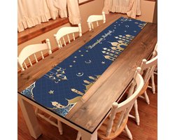 Chemin de table O-Kinee Ramadan Mubarak, bleu, lin, lanterne-mosquée Ramadan, party, Eid, décoration, décoration de table, musulman, festival, cérémonie, anniversaire, A